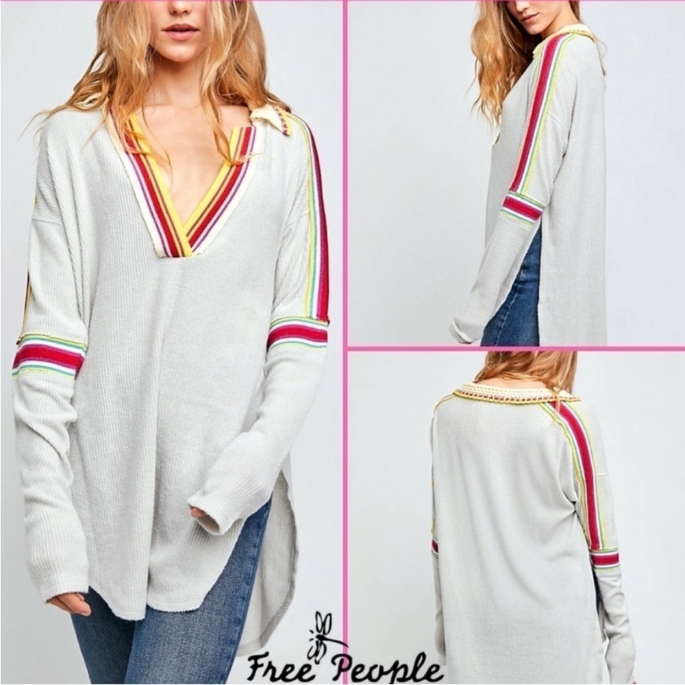 FREE PEOPLE Heather Grey FEELING MAGICAL SWIT V-Neck Crochet Trim Top Large B21